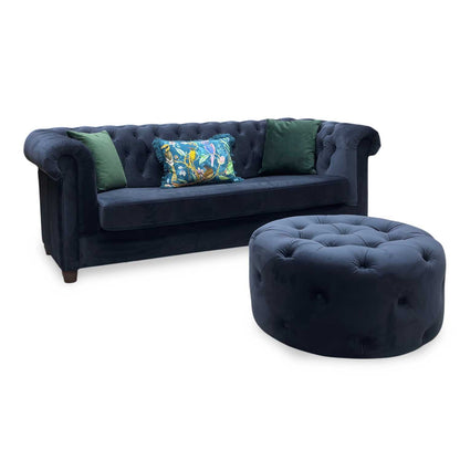 ‘Chester’ Navy Fabric Sofa Bed + Round Footstool