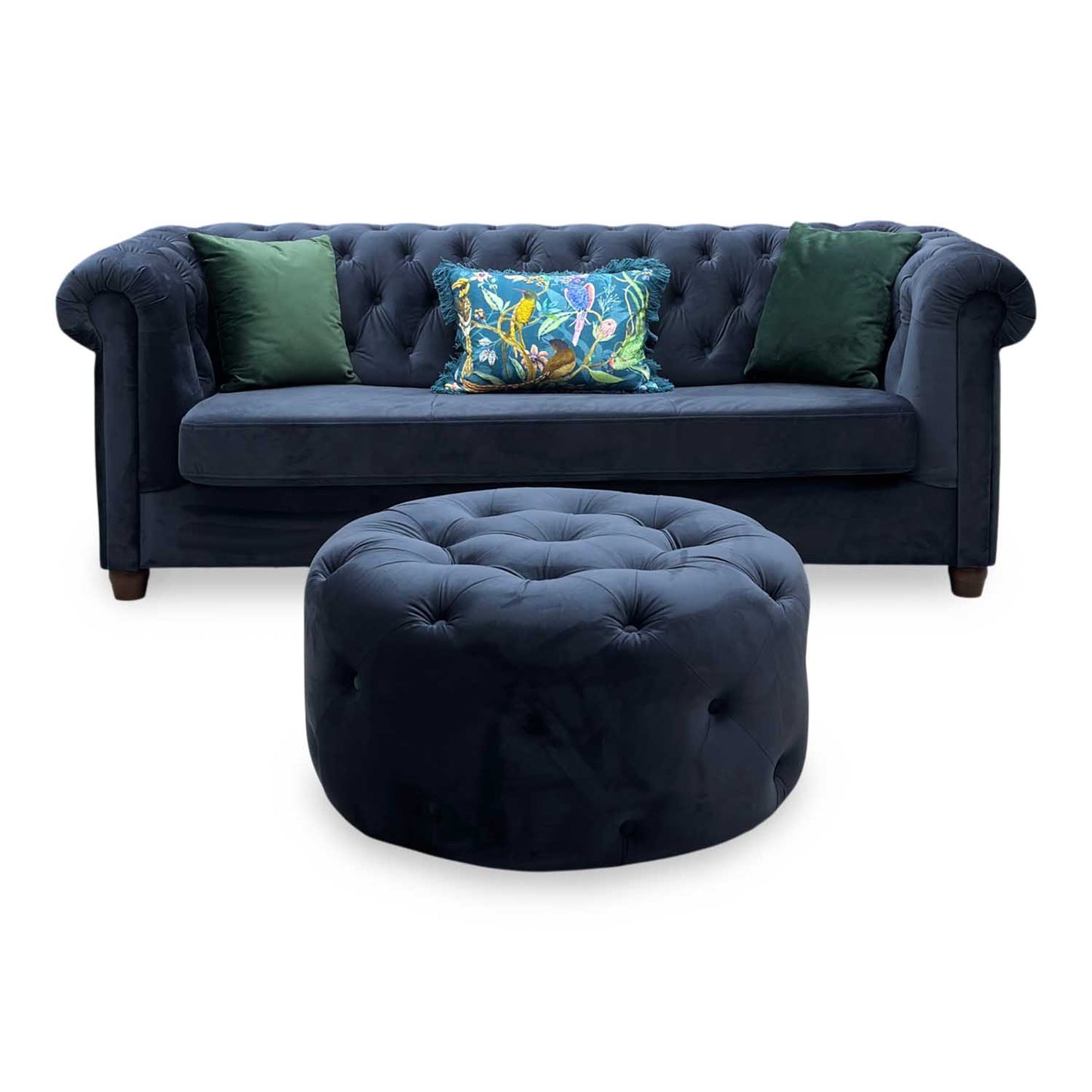 ‘Chester’ Navy Fabric Sofa Bed + Round Footstool