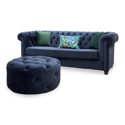 ‘Chester’ Navy Fabric Sofa Bed + Round Footstool