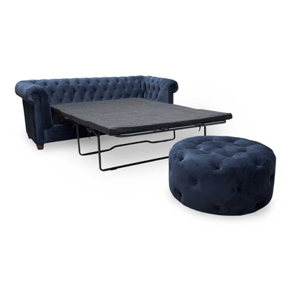 ‘Chester’ Navy Fabric Sofa Bed + Round Footstool