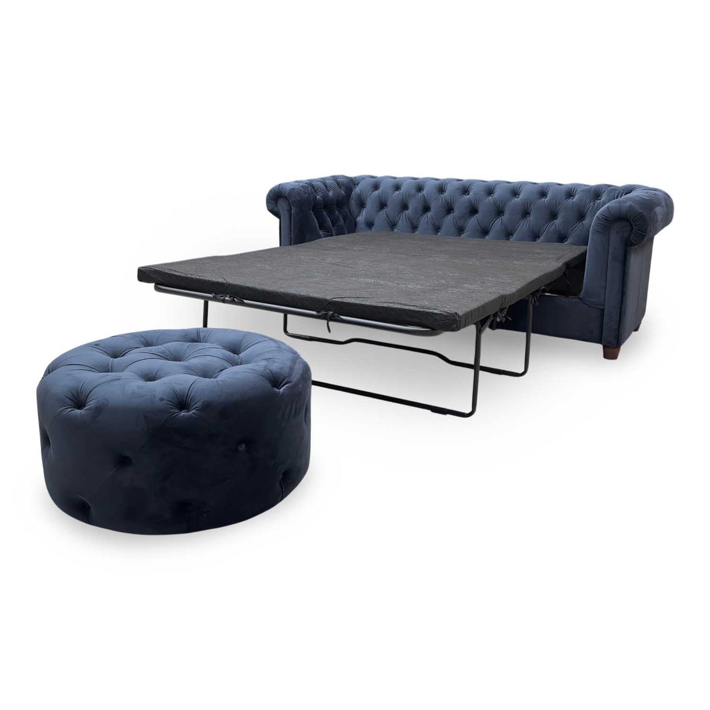‘Chester’ Navy Fabric Sofa Bed + Round Footstool