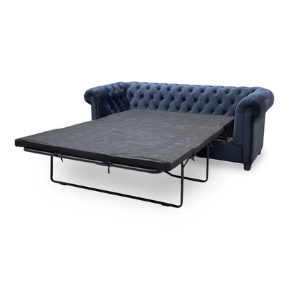 ‘Chester’ Navy Fabric Sofa Bed + Round Footstool