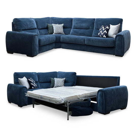 ‘Flex’ Fab-Can-R330 Steel Blue Fabric Small Corner Sofa Bed with Storage Arm Furniture Village