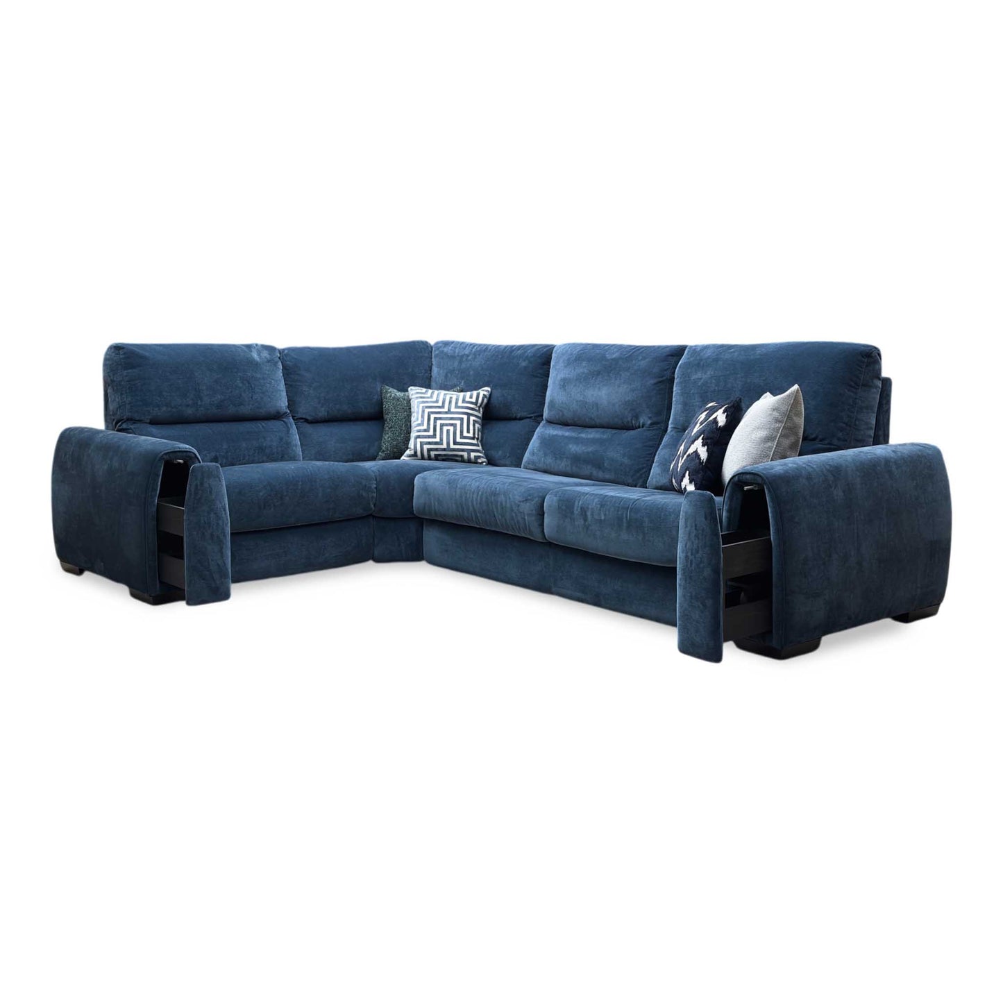 ‘Flex’ Fab-Can-R330 Steel Blue Fabric Small Corner Sofa Bed with Storage Arm