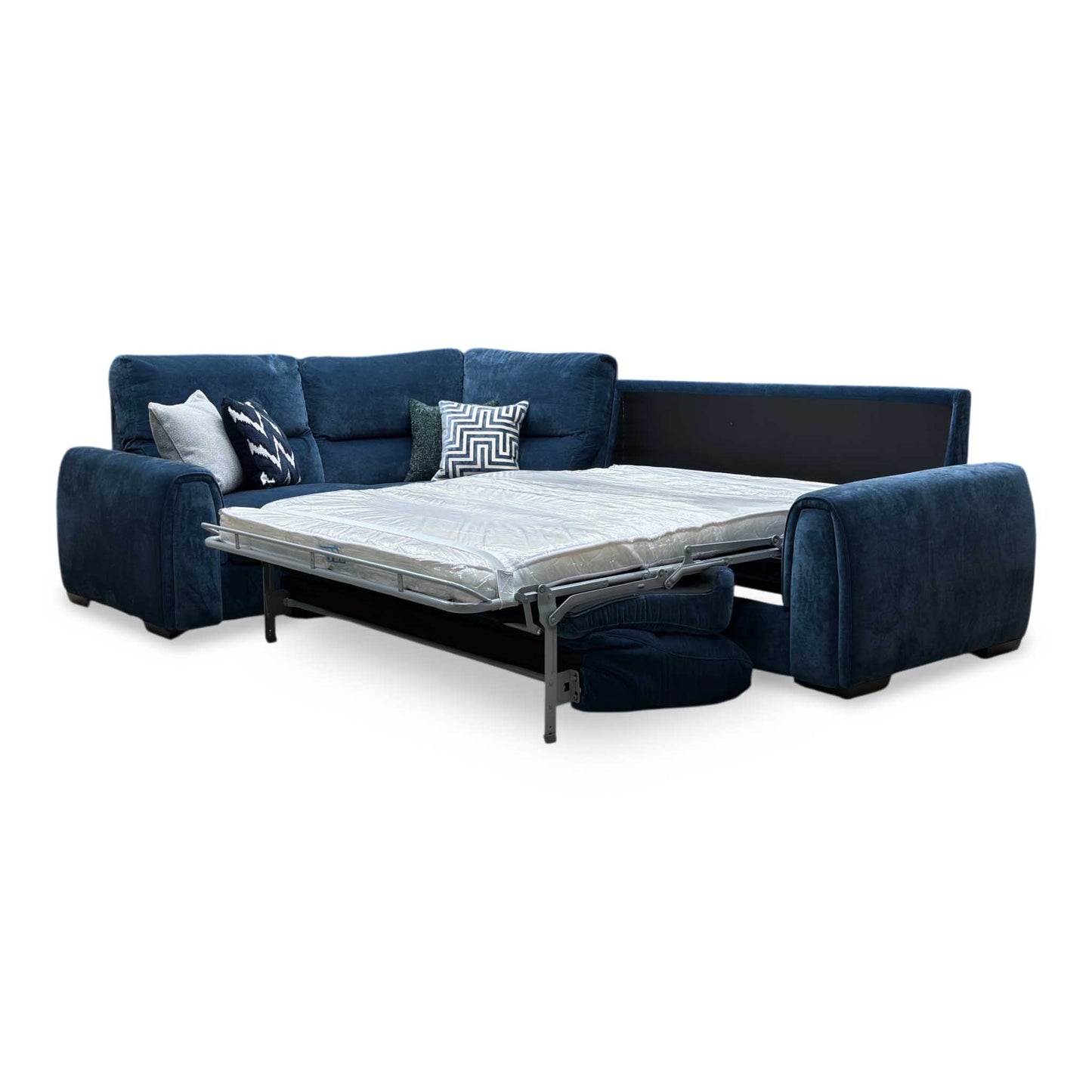 ‘Flex’ Fab-Can-R330 Steel Blue Fabric Small Corner Sofa Bed with Storage Arm