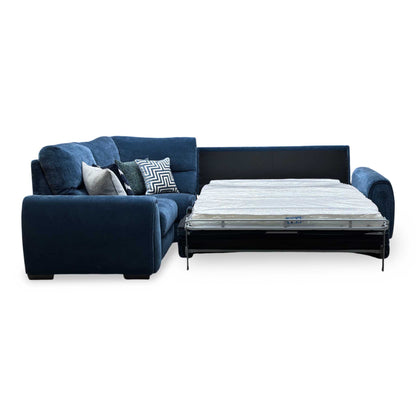 ‘Flex’ Fab-Can-R330 Steel Blue Fabric Small Corner Sofa Bed with Storage Arm