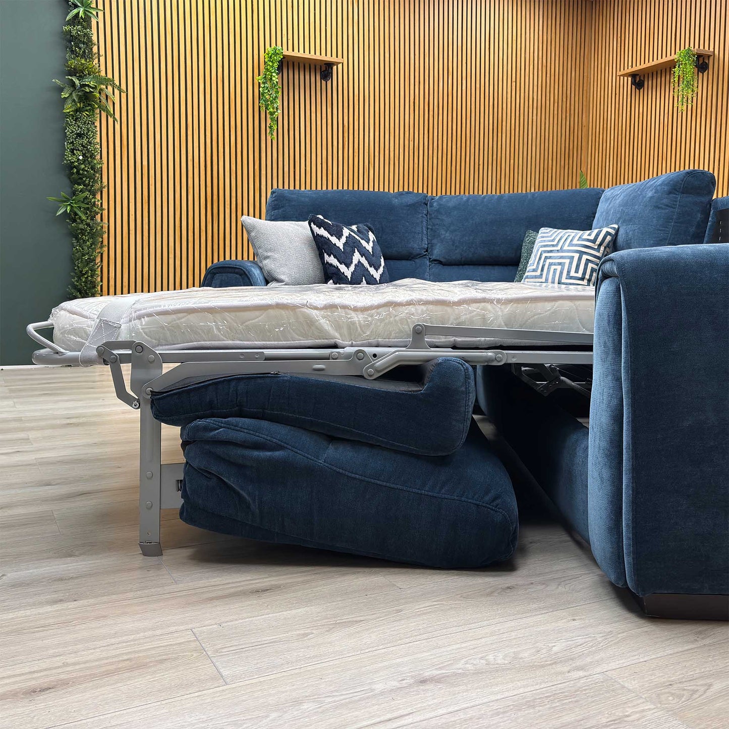 ‘Flex’ Fab-Can-R330 Steel Blue Fabric Small Corner Sofa Bed with Storage Arm