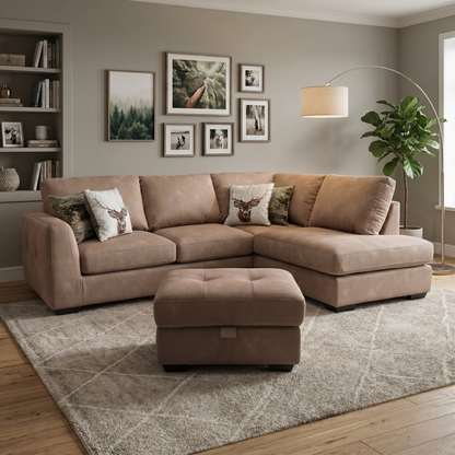 ‘Dinky’ Dexter Sand 43507 Fabric Corner Chaise End Sofa + Large Storage Footstool