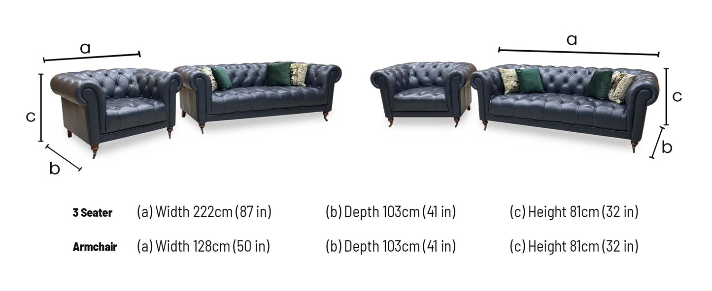 ‘Columbus’ Midnight Navy Blue Cat-200_85 Leather 3 Seater Sofa + Armchair