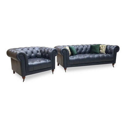 ‘Columbus’ Midnight Navy Blue Cat-200_85 Leather 3 Seater Sofa + Armchair