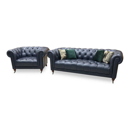 ‘Columbus’ Midnight Navy Blue Cat-200_85 Leather 3 Seater Sofa + Armchair