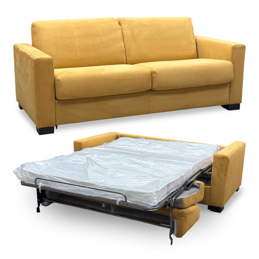 Nicoletti ‘Alcova’ Flambe Ocre Yellow Fabric 2 Seater Sofa Bed with Box Arms