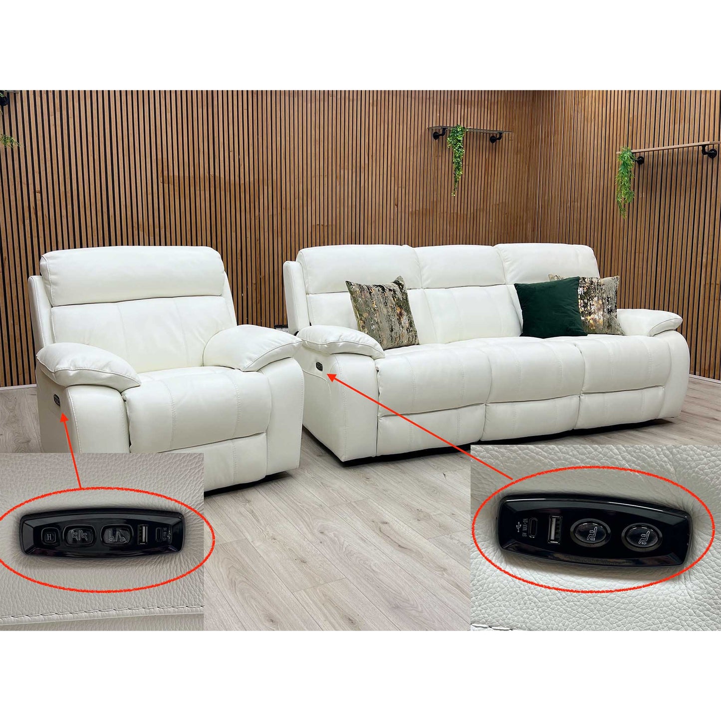 World of Leather ‘Moreno’ Nc-744d Star White Leather 3 Seater Power Recliner Sofa with Power Headrests + Power Chair
