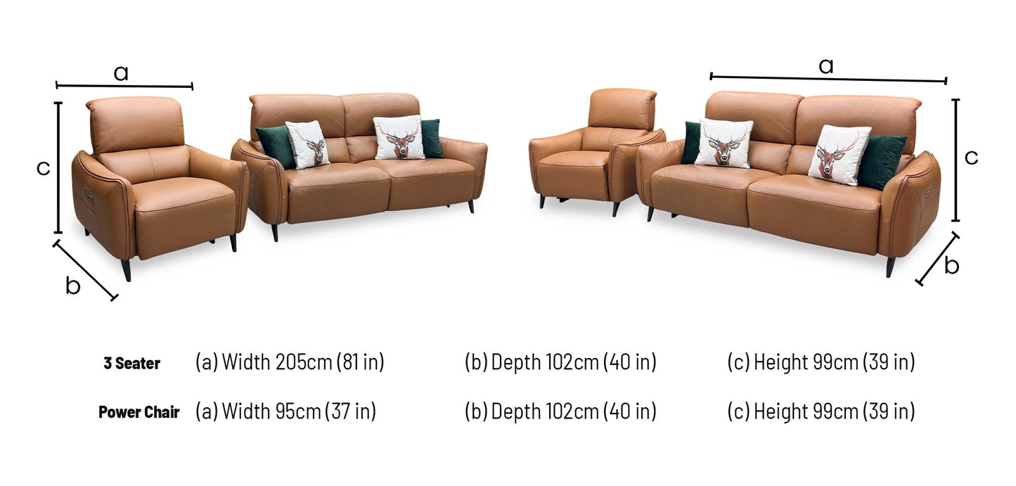 ‘Maddox’ Nn-575e Caramel Brown Leather 3 Seater Power Recliner Sofa with Power Headrests + Power Chair