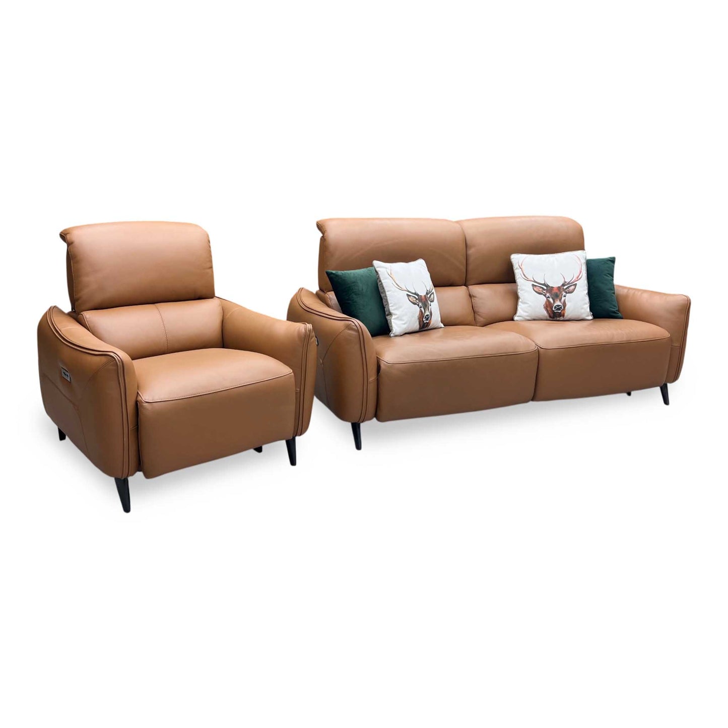 ‘Maddox’ Nn-575e Caramel Brown Leather 3 Seater Power Recliner Sofa with Power Headrests + Power Chair