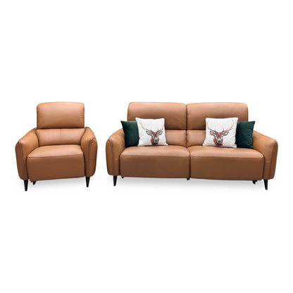 ‘Maddox’ Nn-575e Caramel Brown Leather 3 Seater Power Recliner Sofa with Power Headrests + Power Chair
