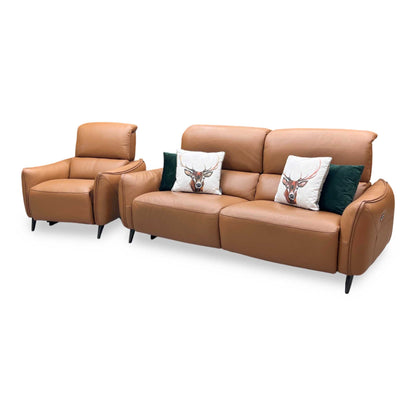 ‘Maddox’ Nn-575e Caramel Brown Leather 3 Seater Power Recliner Sofa with Power Headrests + Power Chair