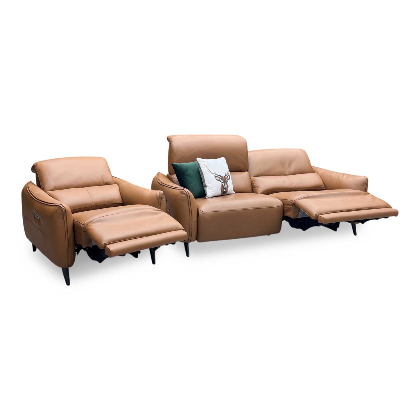 ‘Maddox’ Nn-575e Caramel Brown Leather 3 Seater Power Recliner Sofa with Power Headrests + Power Chair