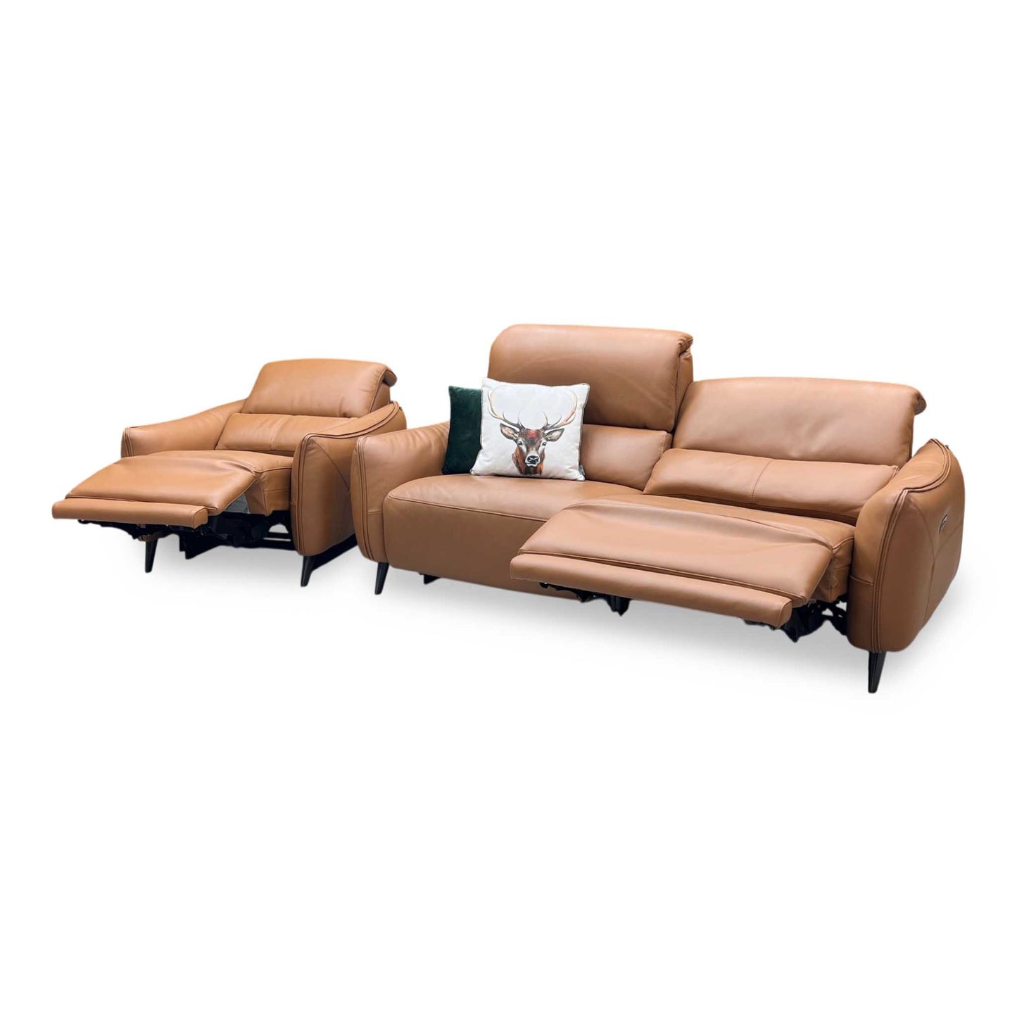‘Maddox’ Nn-575e Caramel Brown Leather 3 Seater Power Recliner Sofa with Power Headrests + Power Chair