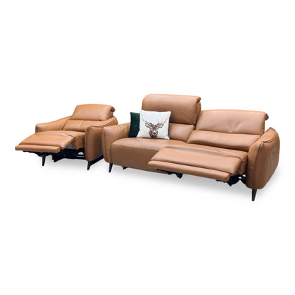 ‘Maddox’ Nn-575e Caramel Brown Leather 3 Seater Power Recliner Sofa with Power Headrests + Power Chair