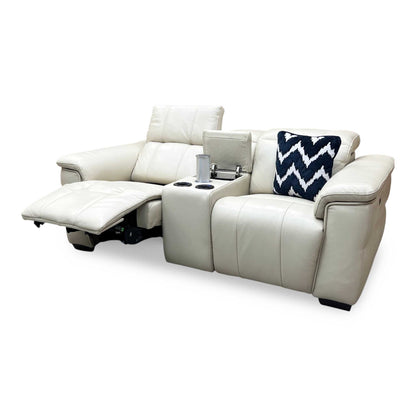 ‘Inca’ Cat-60_05 Bone China Cream Leather 2 Seater Power Recliner Sofa with Pop Up Light Console and Power Headrests