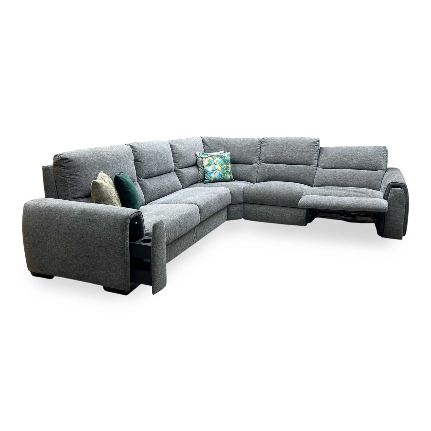 ‘Flex’ Fab-Ska-R31 Charcoal Grey Fabric Large Corner Sofa Bed with Power Recliner and Storage Arms