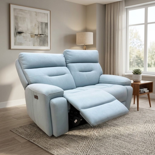 'Cinemax' Vv-0312 Velvet Blu Fabric 2 Seater Power Recliner Sofa with Power Headrests