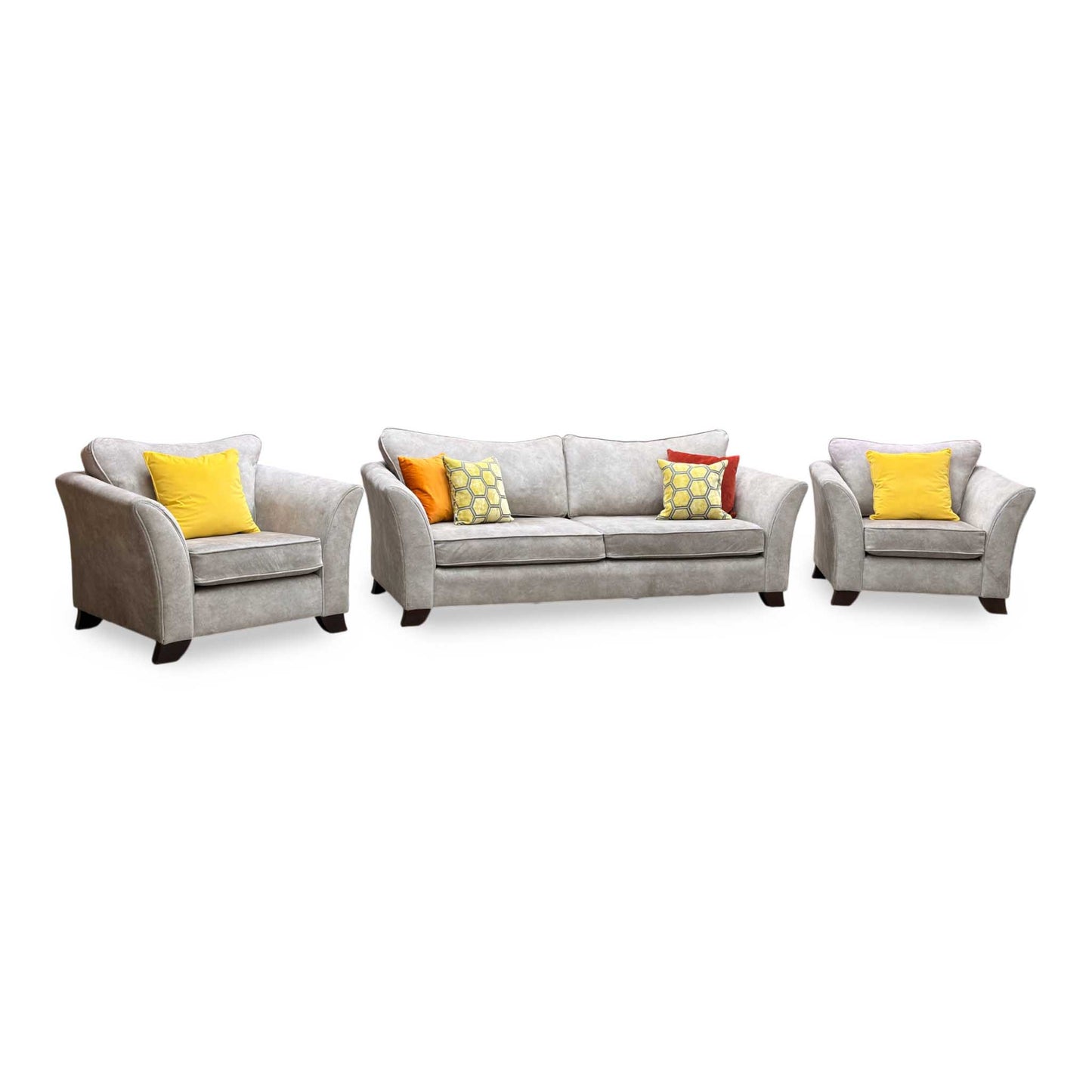 ‘Amora’ Dapple Cream Chrome Insert Fabric 3 Seater Sofa + Chair + Chair