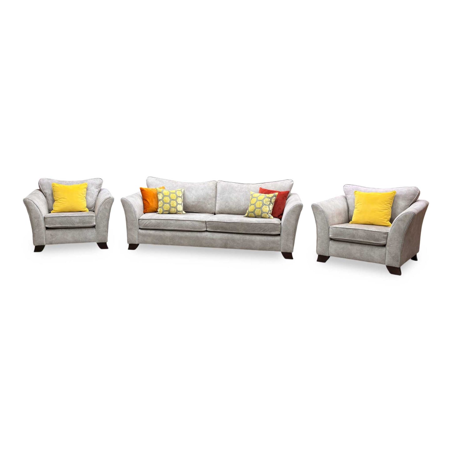 ‘Amora’ Dapple Cream Chrome Insert Fabric 3 Seater Sofa + Chair + Chair
