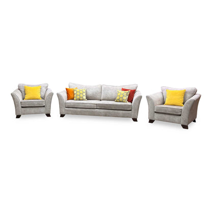 ‘Amora’ Dapple Cream Chrome Insert Fabric 3 Seater Sofa + Chair + Chair