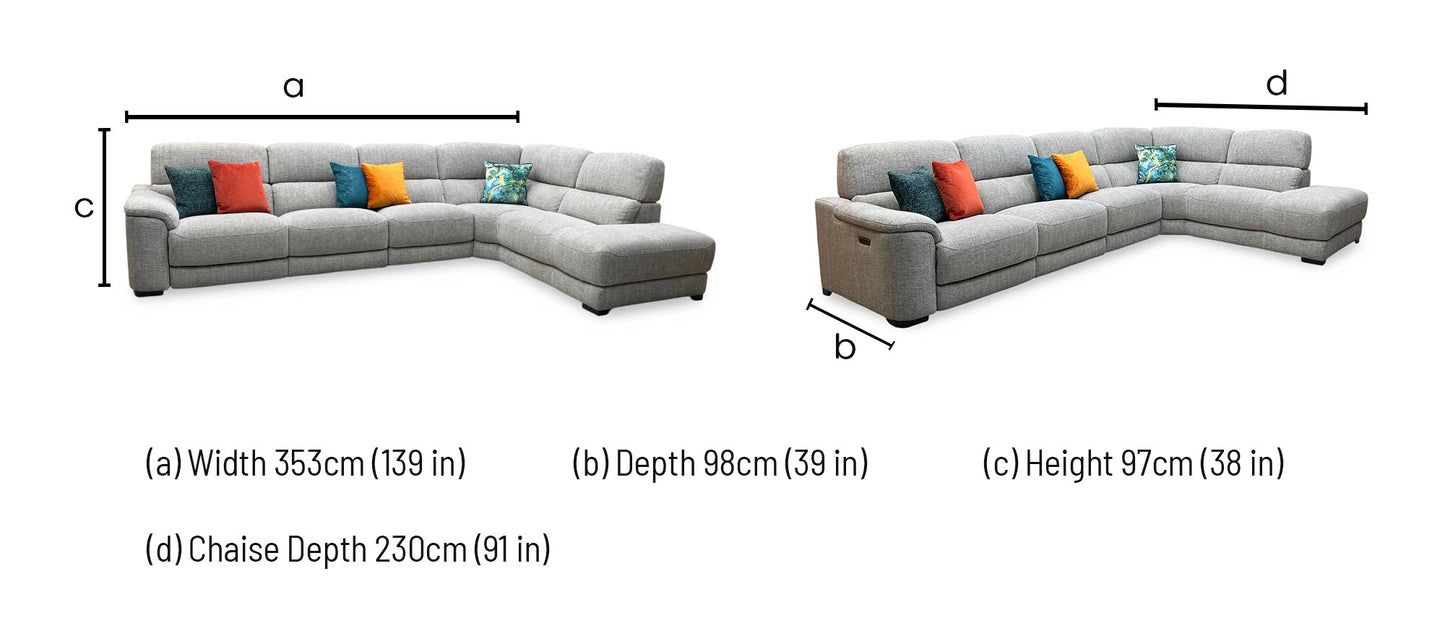‘Nova’ Fab-Cac-R120 Sand Fabric Power Recliner Chaise End Sofa with Power Headrest + Armless Unit