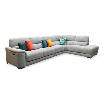 ‘Nova’ Fab-Cac-R120 Sand Fabric Power Recliner Chaise End Sofa with Power Headrest + Armless Unit