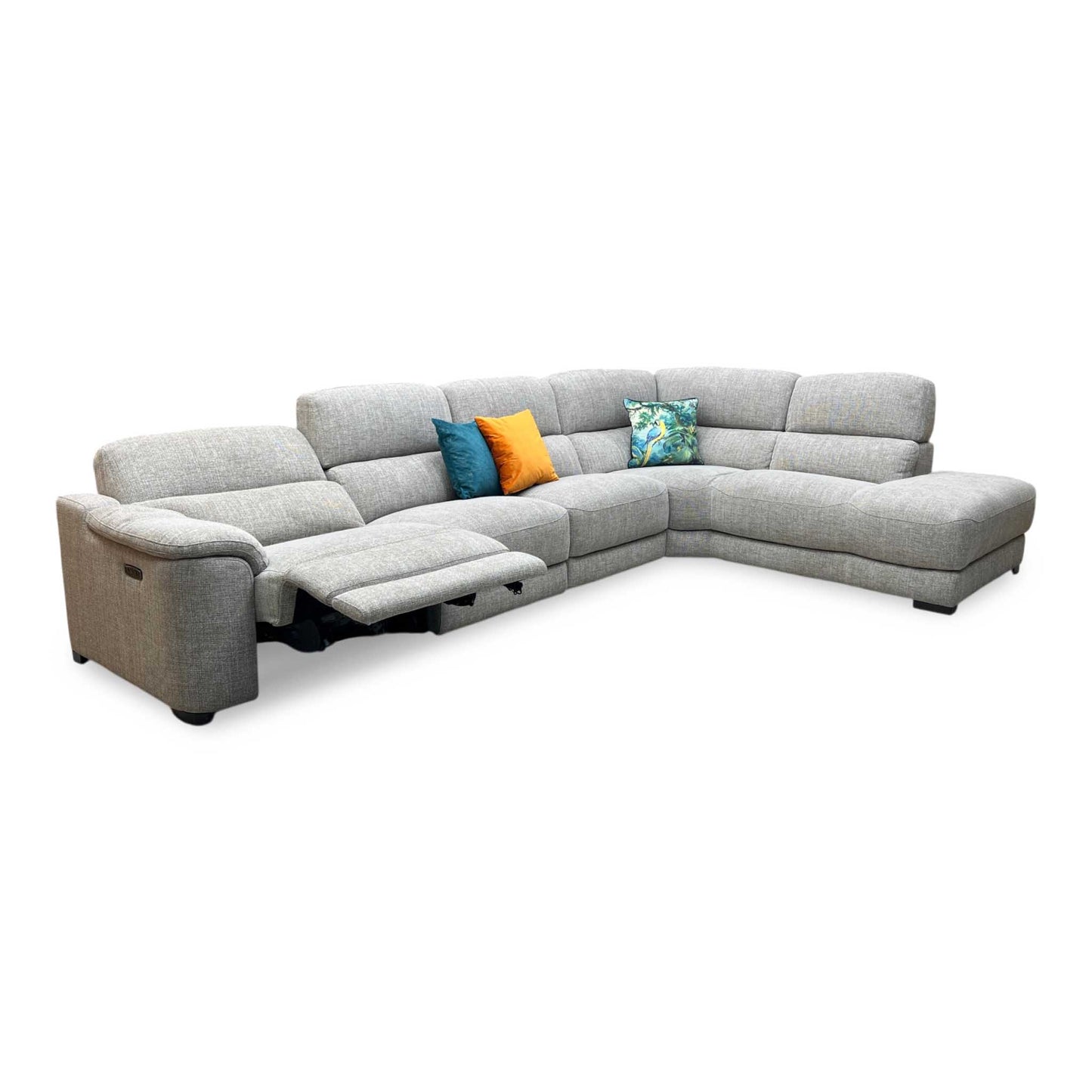 ‘Nova’ Fab-Cac-R120 Sand Fabric Power Recliner Chaise End Sofa with Power Headrest + Armless Unit