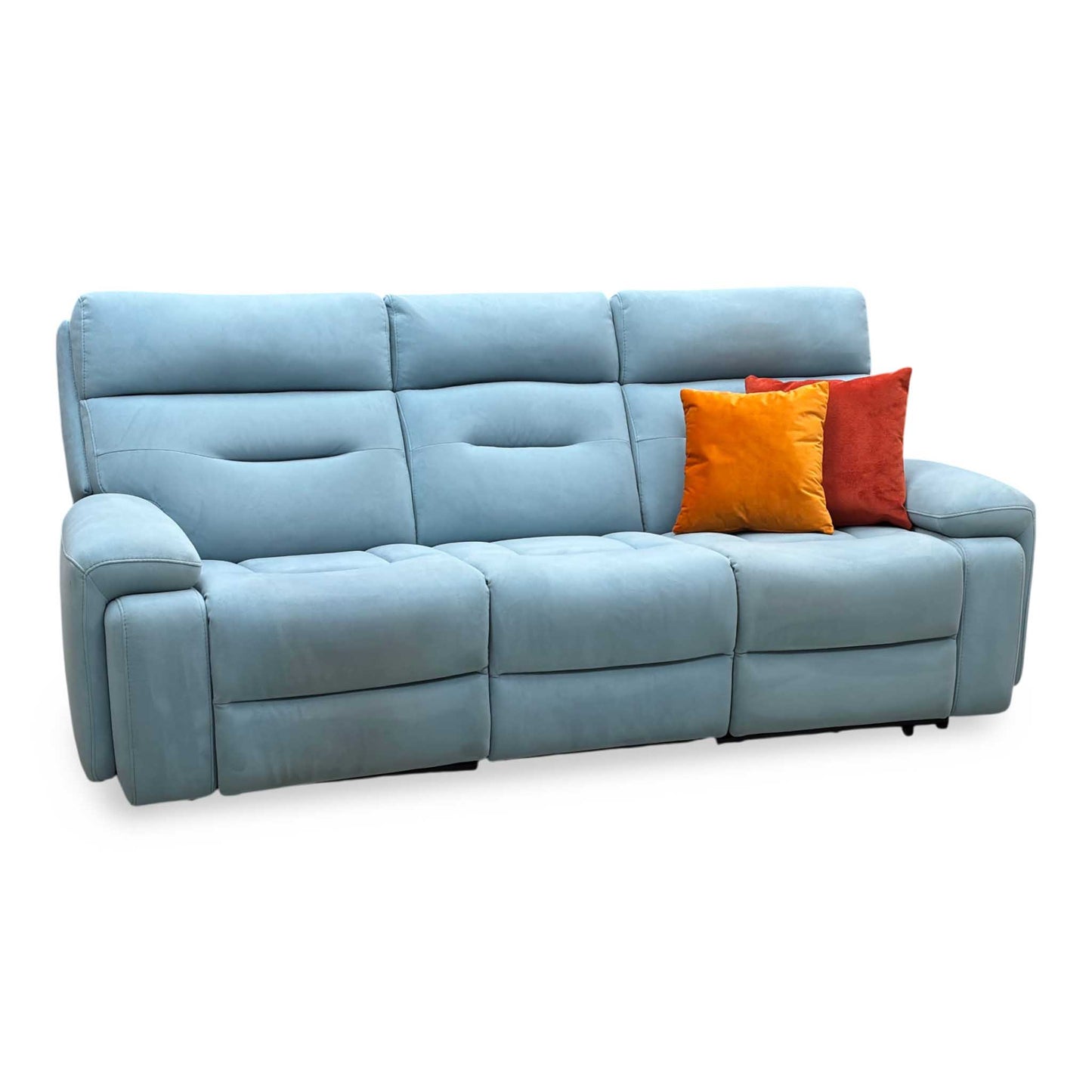‘Cinemax’ Vv-Velvet Blu Fabric 3 Seater 3 Cushion Media Arms Power Recliner Sofa with Power Headrests