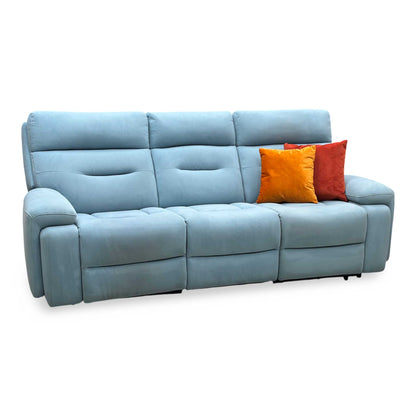 ‘Cinemax’ Vv-Velvet Blu Fabric 3 Seater 3 Cushion Media Arms Power Recliner Sofa with Power Headrests