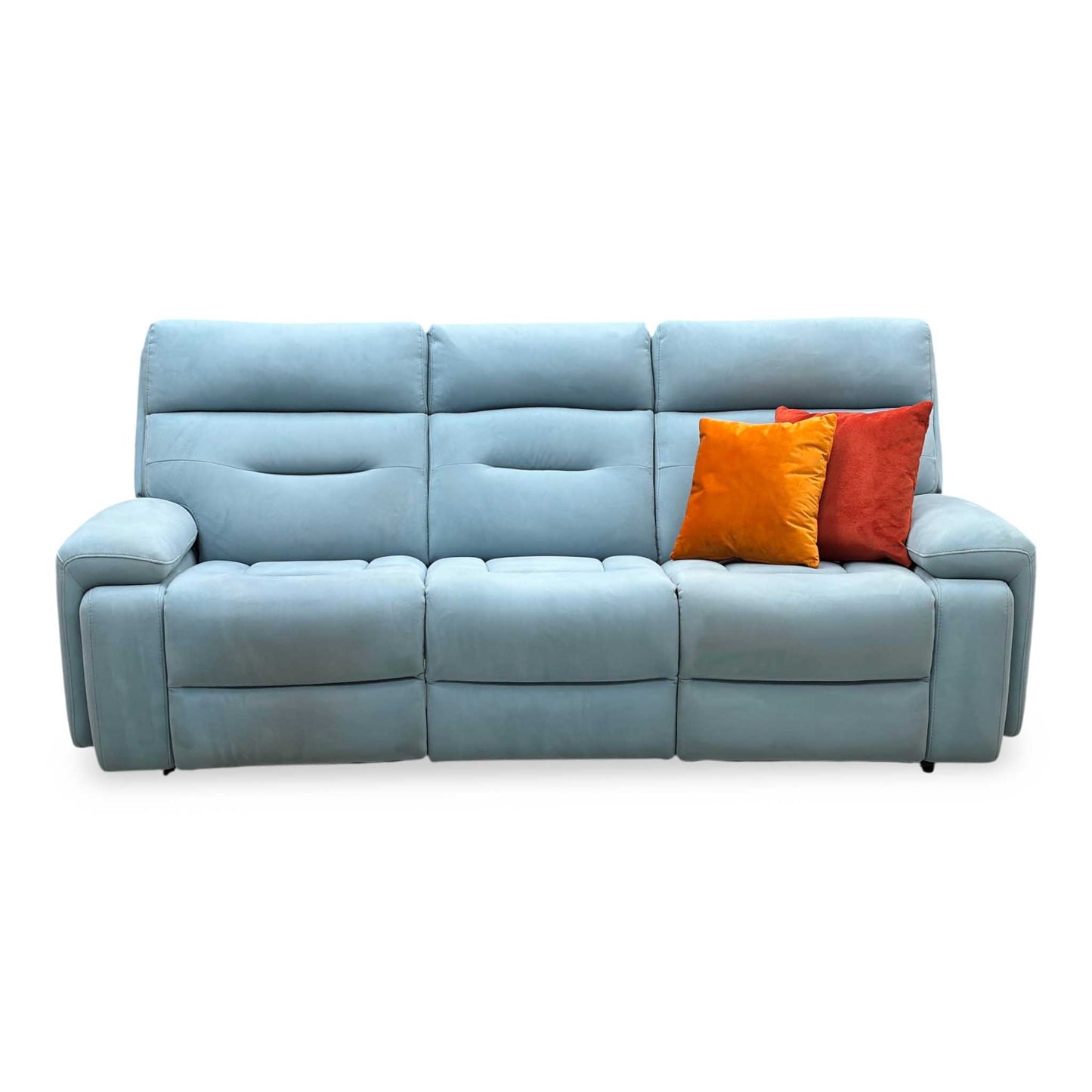 ‘Cinemax’ Vv-Velvet Blu Fabric 3 Seater 3 Cushion Media Arms Power Recliner Sofa with Power Headrests