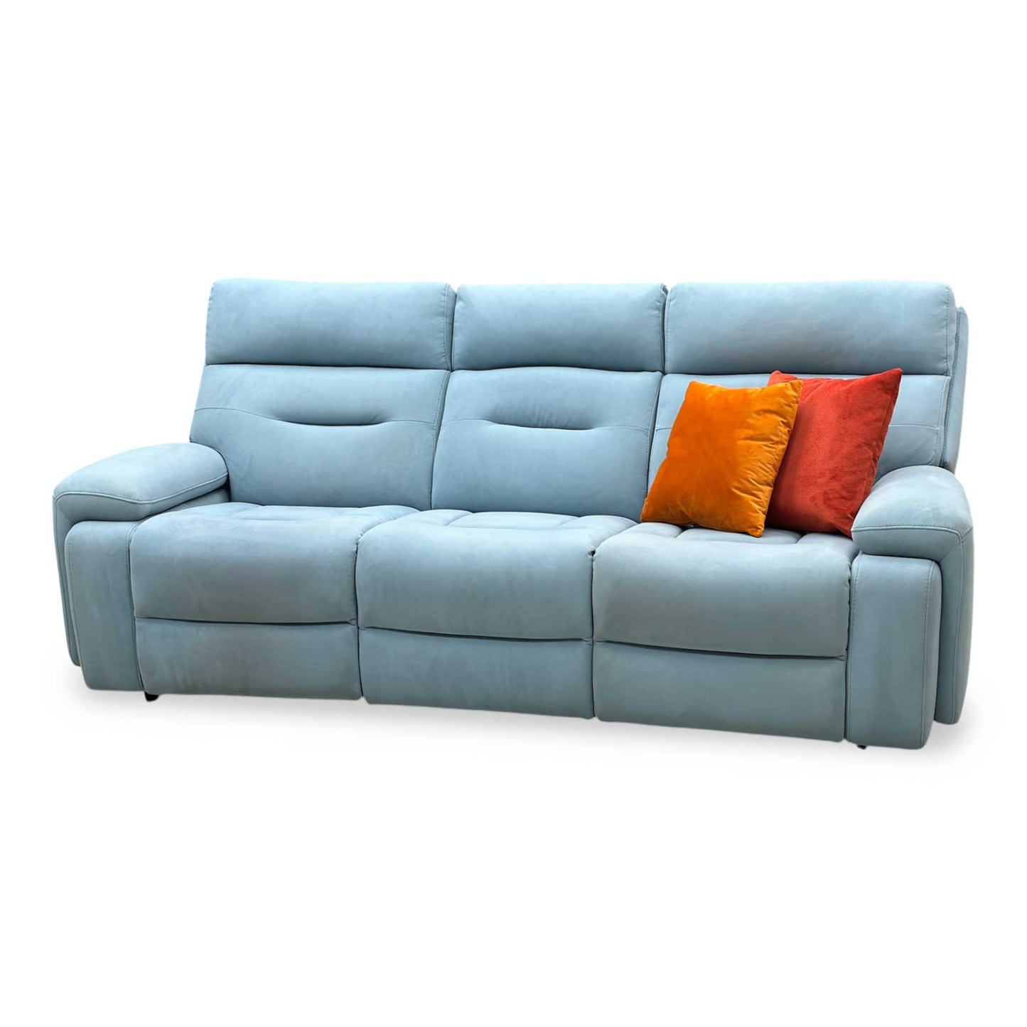‘Cinemax’ Vv-Velvet Blu Fabric 3 Seater 3 Cushion Media Arms Power Recliner Sofa with Power Headrests