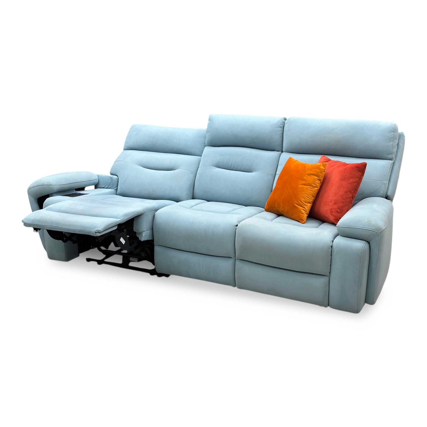 ‘Cinemax’ Vv-Velvet Blu Fabric 3 Seater 3 Cushion Media Arms Power Recliner Sofa with Power Headrests