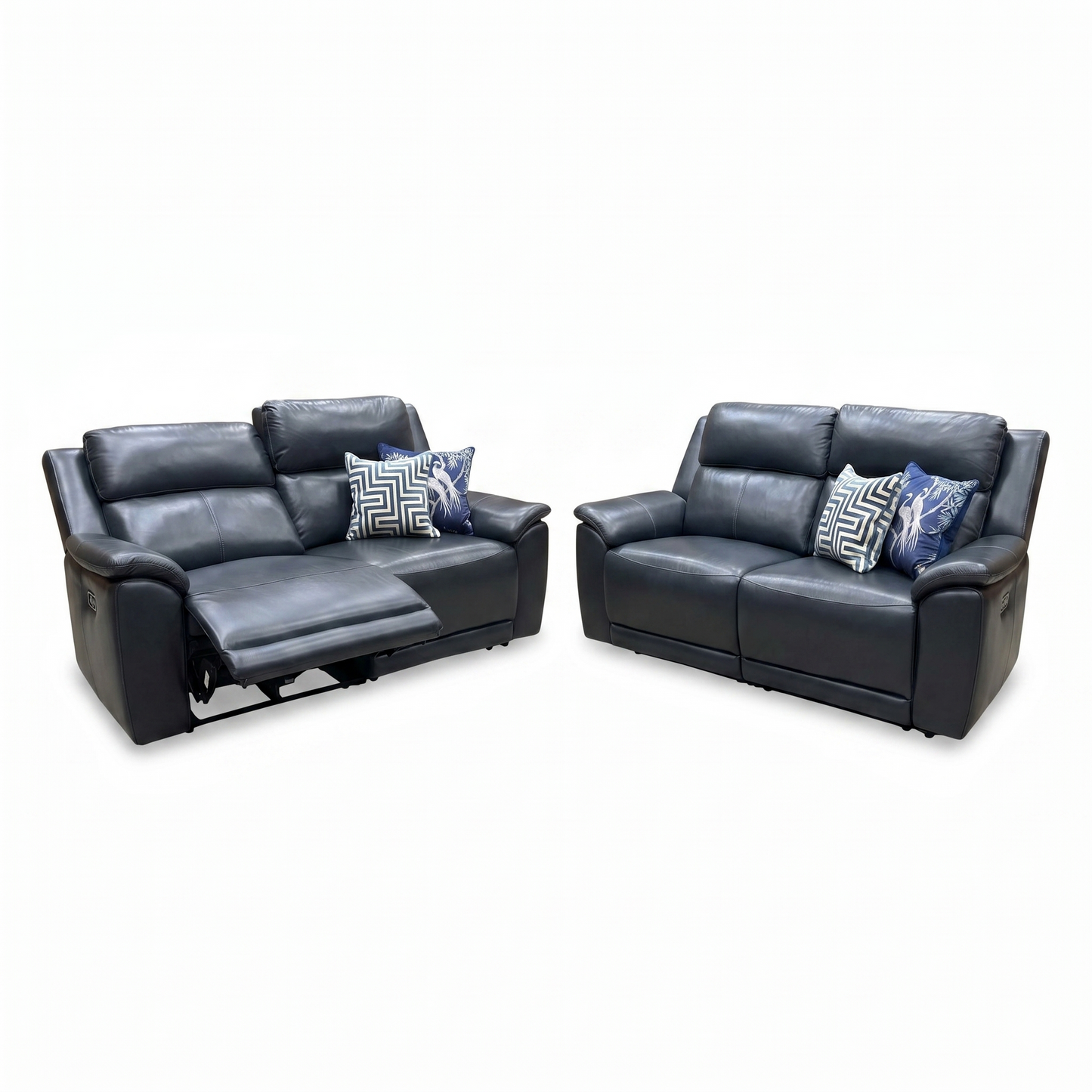 ‘Utah’ Natural Milled Navy Blue La-4828 Leather 3 + 3 Seater Power Recliner Sofa Set with Power Headrests and Power Lumbar