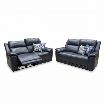 ‘Utah’ Natural Milled Navy Blue La-4828 Leather 3 + 3 Seater Power Recliner Sofa Set with Power Headrests and Power Lumbar