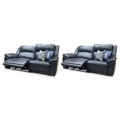 ‘Utah’ Natural Milled Navy Blue La-4828 Leather 3 + 3 Seater Power Recliner Sofa Set with Power Headrests and Power Lumbar