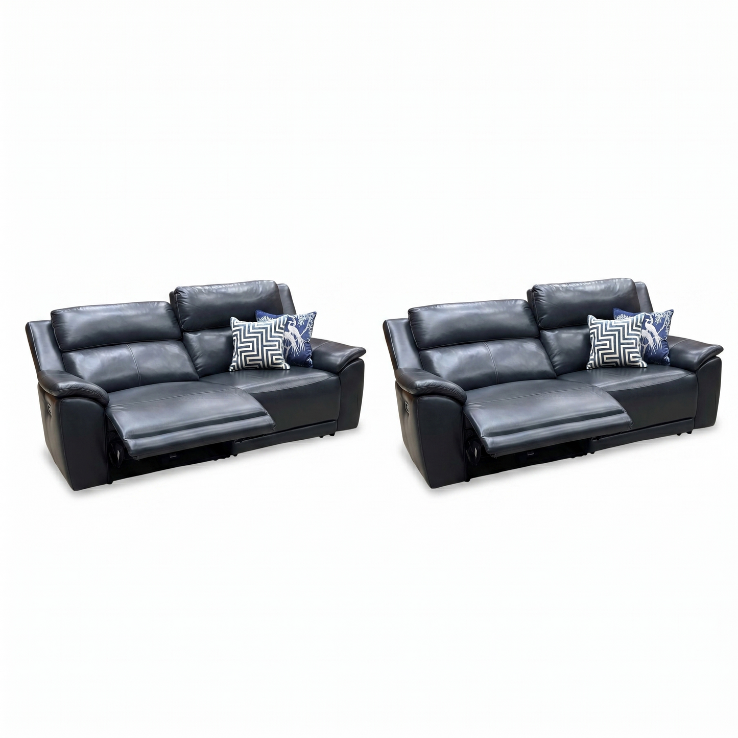 ‘Utah’ Natural Milled Navy Blue La-4828 Leather 3 + 3 Seater Power Recliner Sofa Set with Power Headrests and Power Lumbar