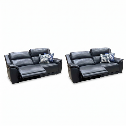 ‘Utah’ Natural Milled Navy Blue La-4828 Leather 3 + 3 Seater Power Recliner Sofa Set with Power Headrests and Power Lumbar