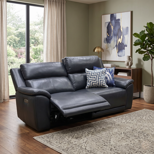 ‘Utah’ Natural Milled Navy Blue La-4828 Leather 3 Seater Power Recliner Sofa with Power Headrests and Power Lumbar