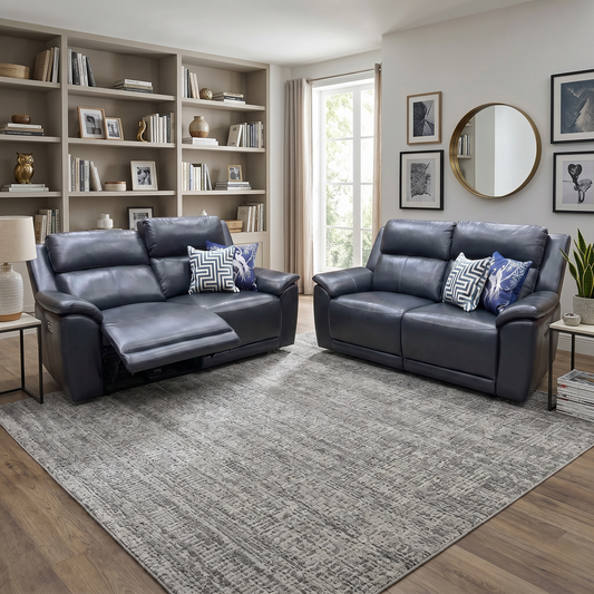‘Utah’ Natural Milled Navy Blue La-4828 Leather 3 + 3 Seater Power Recliner Sofa Set with Power Headrests and Power Lumbar