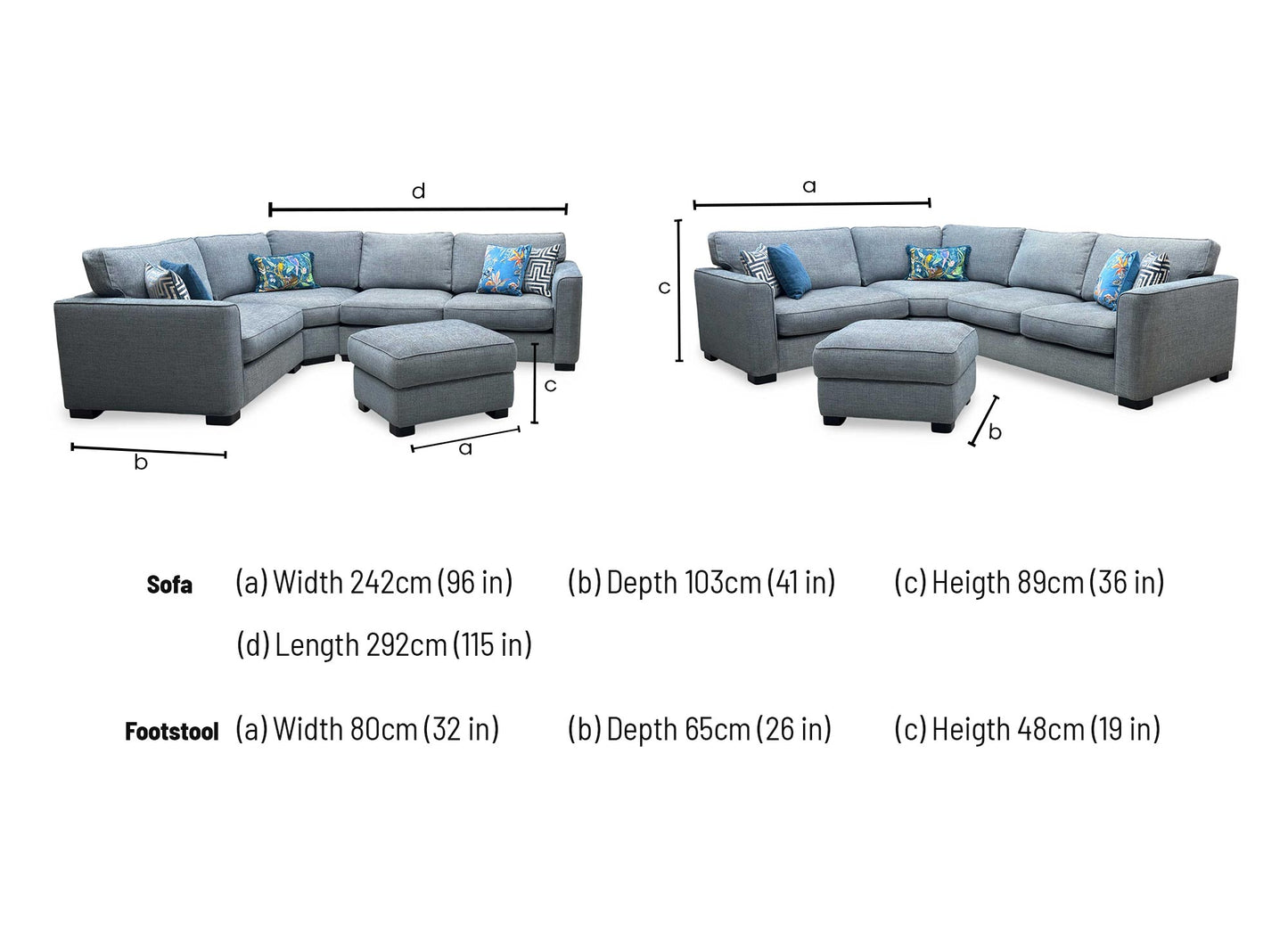 ‘Elora’ Kento 229 Deep Sea Dbf Blue Fabric Left Hand Facing Corner Sofa + Small Storage Footstool