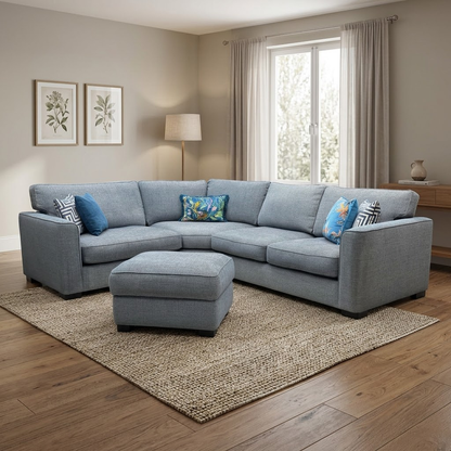 ‘Elora’ Kento 229 Deep Sea Dbf Blue Fabric Left Hand Facing Corner Sofa + Small Storage Footstool