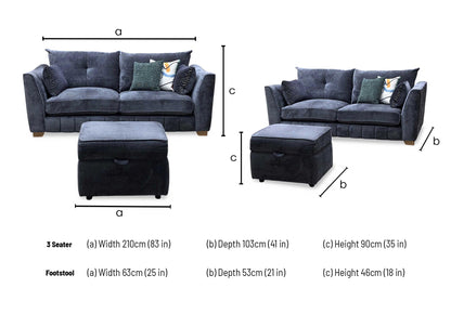 ‘Allure’ Coco Indigo Woven Fabric Formal Back 3 Seater Sofa + Small Storage Footstool