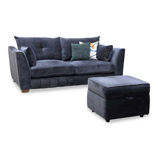 ‘Allure’ Coco Indigo Woven Fabric Formal Back 3 Seater Sofa + Small Storage Footstool