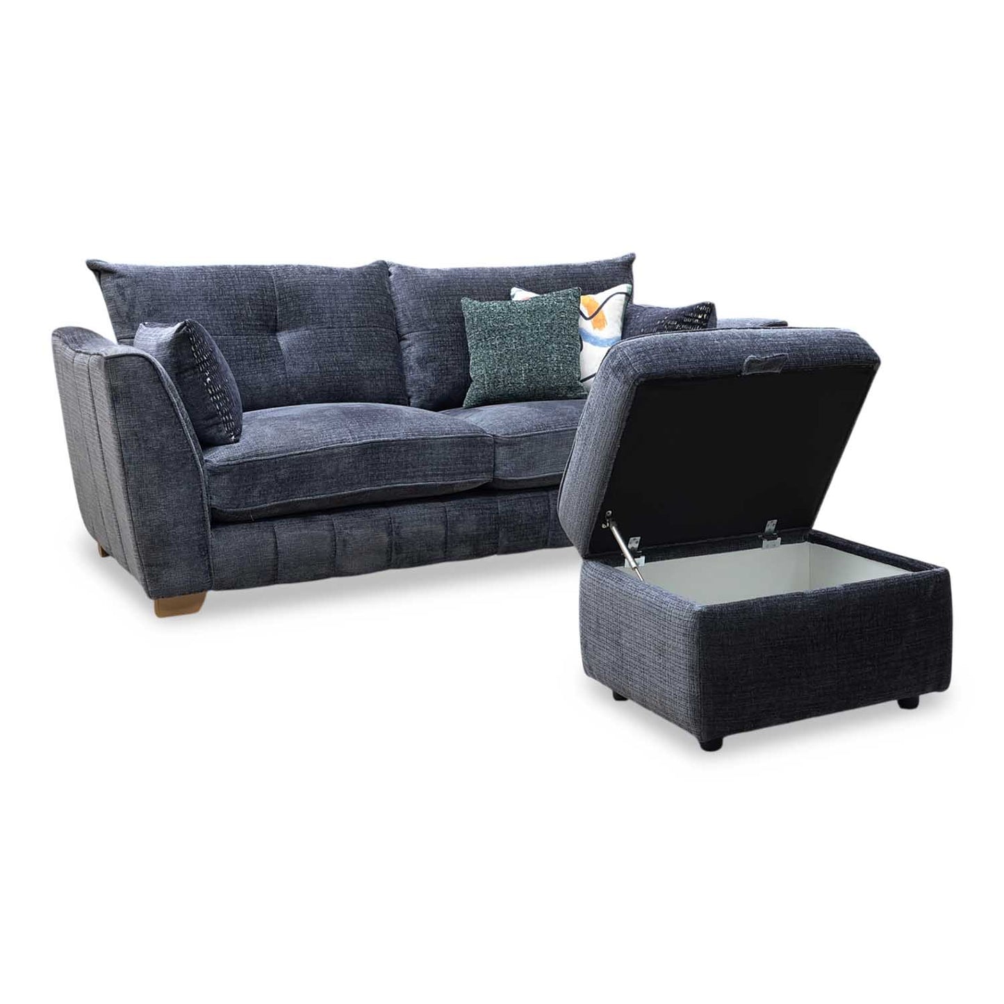 ‘Allure’ Coco Indigo Woven Fabric Formal Back 3 Seater Sofa + Small Storage Footstool